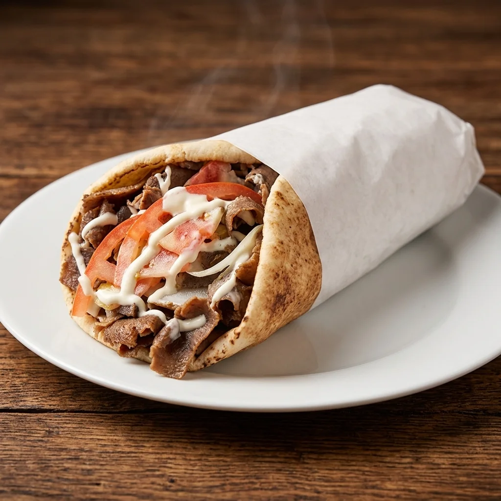 Beef donair wrap loaded with donair meat and sauce at Taystee Donair & Pizza in Clareview, Edmonton